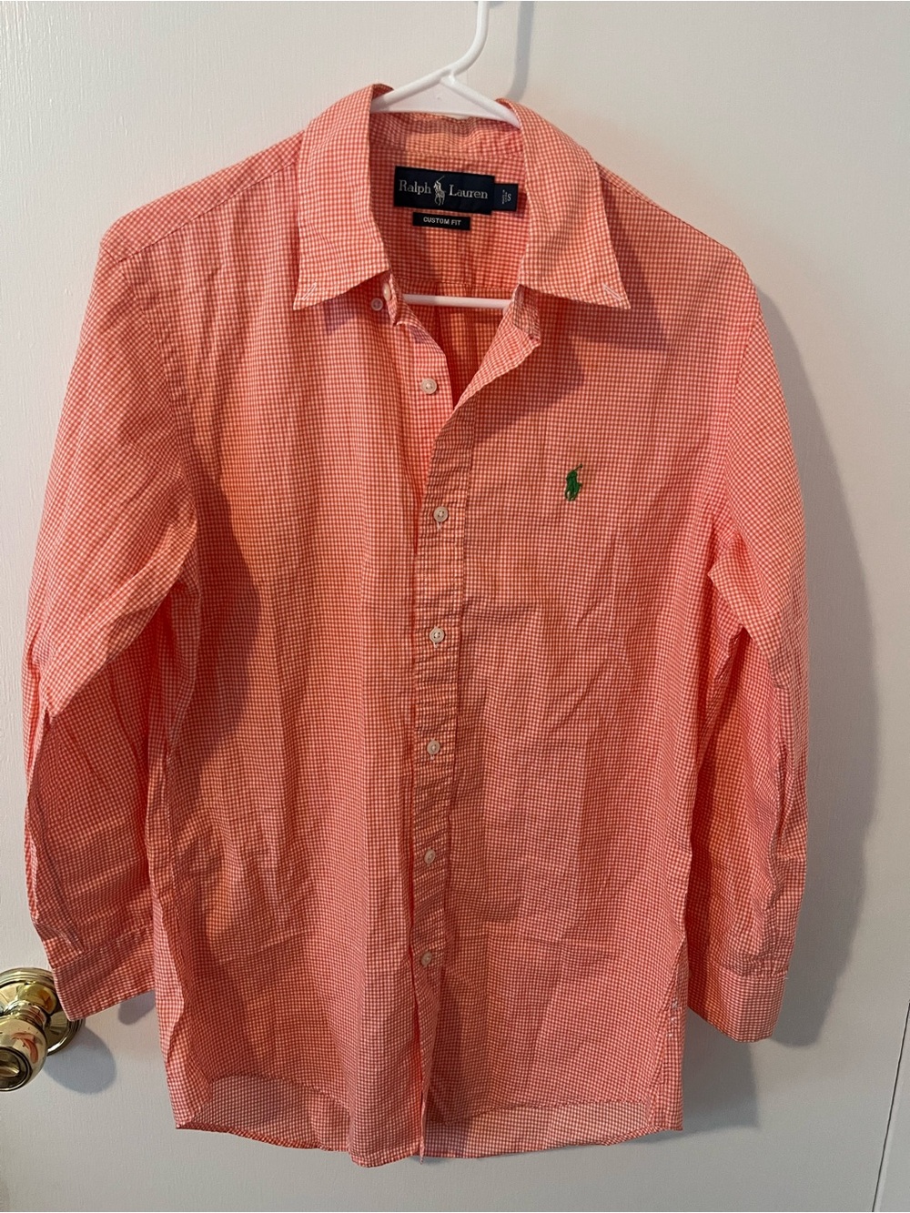 Ralph Lauren Orange Gingham Custom Fit Long Sleeve Button Down Shirt Small